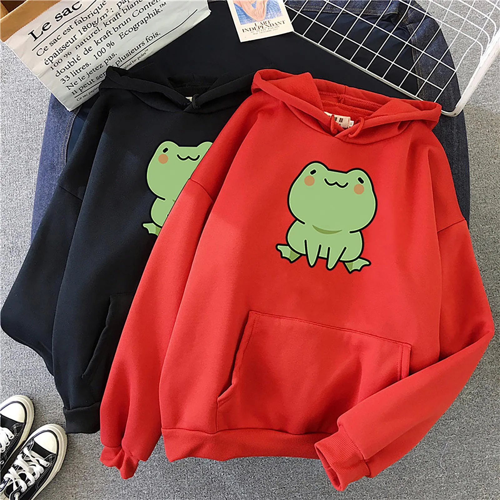 

New Hoodie Frog Print Retro Harajuku Unisex Hoodie Kawaii Cute Casual Streetwear Oversized Top Loose Sweatshirt