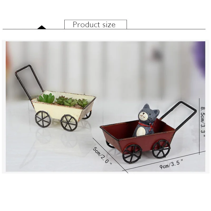 

Vintage Iron Plant Pot Home Decoration Accessories Retro Cart Model Figurines Mini Cart Miniature Desktop Props Vase Flower Pot