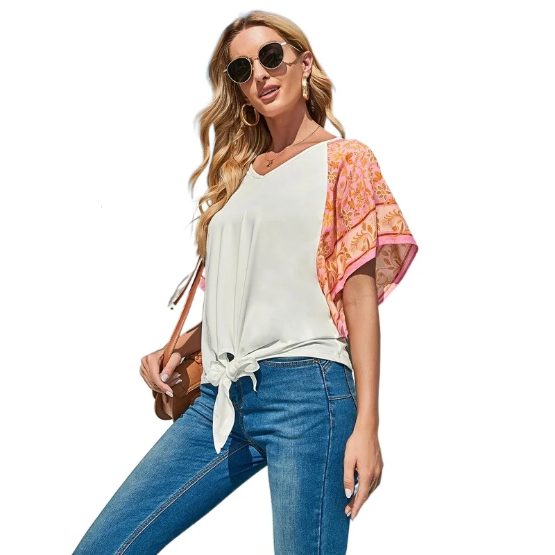 

Women's Patchwork Floral Bandage V-Neck Short-Sleeved T-Shirt Summer Sexy Fashion Elegant Ethnic Harajuku Vintage Plus Size Top