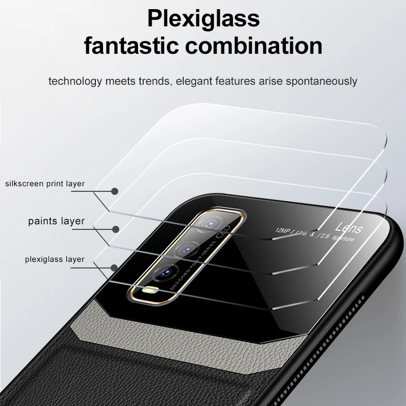 Модный ударопрочный чехол KEYSION для VIVO Y70S кожаный из закаленного стекла задней