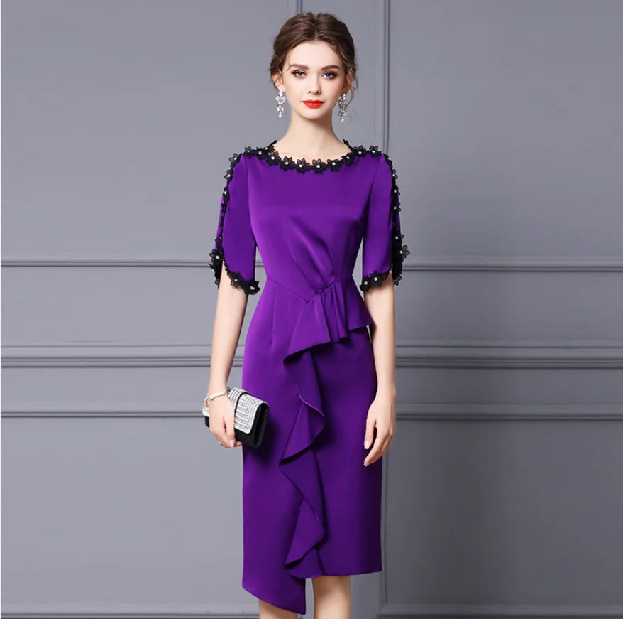 

Flower Lace Summer Lady Purple Medium Dress Woman Red Designs Distinctive Ruffles Dresses Irregular Uncommon O-Neck Pencil Skirt