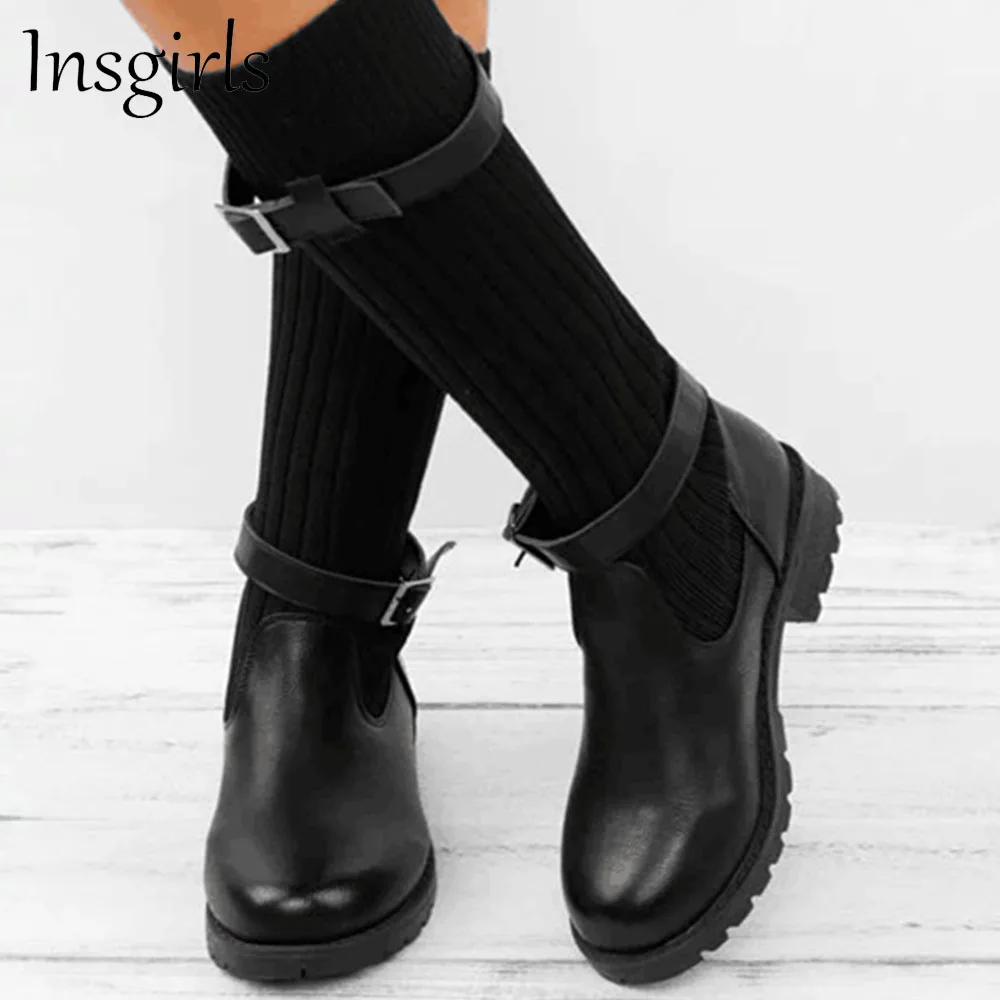 

Women's Patchwork Boots 2021 Autumn Winter Retro Knitted Fabric Ladies Buckle Round Toe Faux Leather Shoes Female Mid Calf Boots
