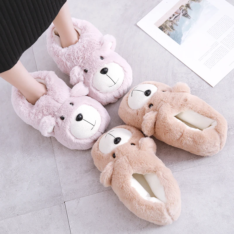 

Winter Plush Warm Bag With Cotton Girl Shoes Cute Bear Rubber Bottom Non-Slip Indoor Slipper Female Outside Women Slippers