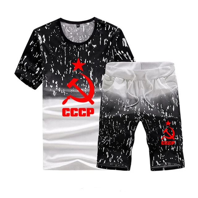 

Summer Men's Unique CCCP Russian USSR Soviet Union Men's T-shirt Cotton Men's Short Sleeve+Short 2piece suit