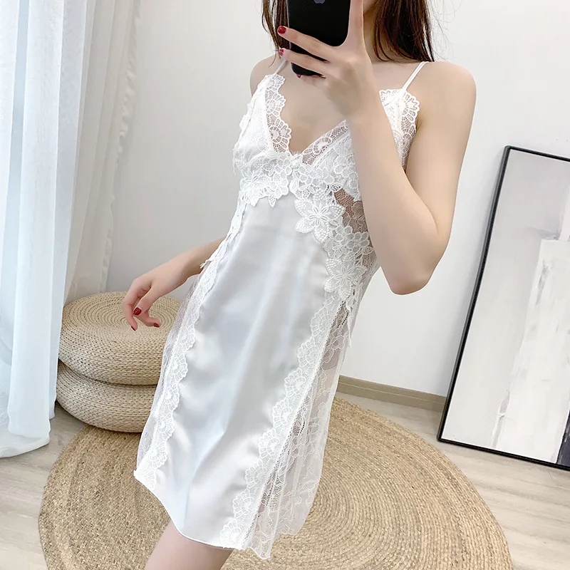 

New White Simple Suspender Skirt Feminine Fashion V-neck Pajamas Comfortable Satin Chiffon Sleeping Clothes