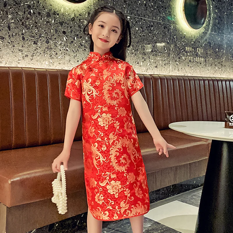 

Summer New Chinese Traditional Kid Party Dress Lovely Dragon Phoenix Qipao Short Sleeve Mandarin Collar Children Cheongsam