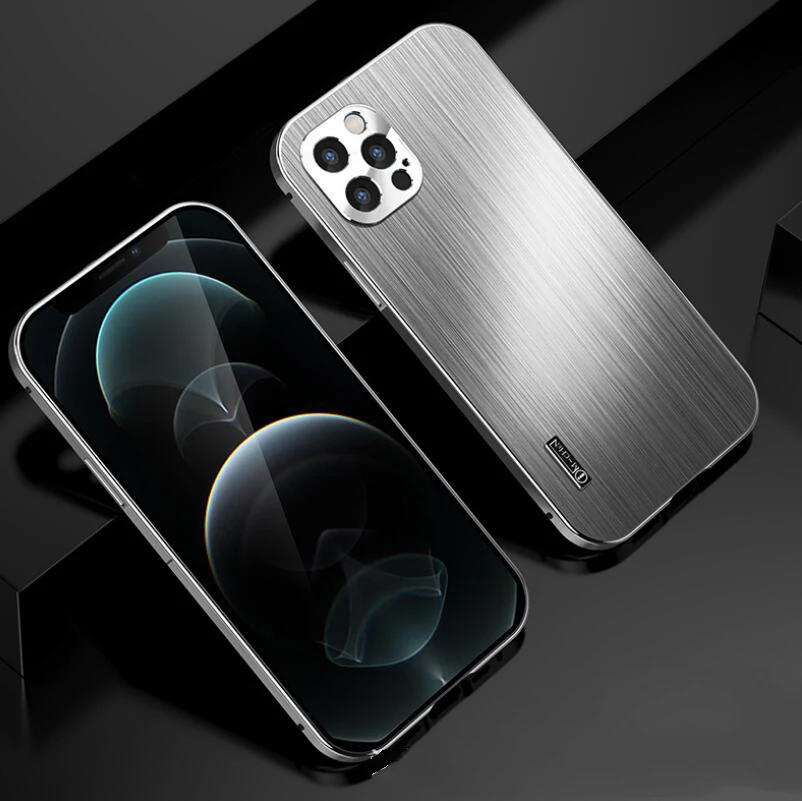 

100% Metal Full Cover Lens Phone Case For Apple IPhone 12 pro max Brushed Shatterproof Shell