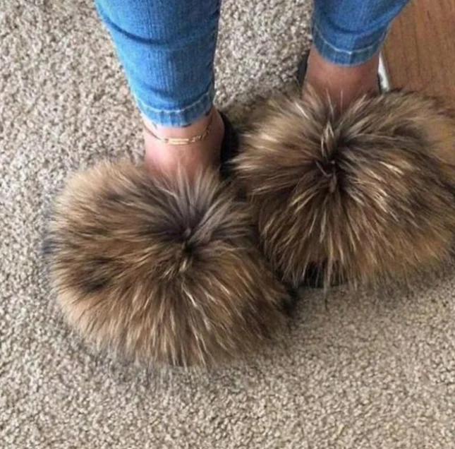 

Fluffy Raccoon Fur Slippers Shoes Women Fox Fur Flip Flop Flat Furry Fur Slides Outdoor Sandals Woman Amazing Shoes Drop Ship