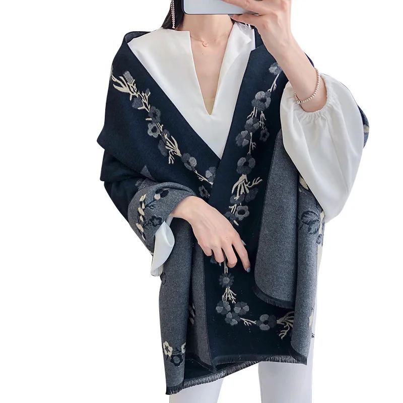 

2020 New Flower Print Yellow Women's Scarf Shawl Floral Poncho Female Winter Blanket Scarves Faux Cashmere Stole Pink Wool Wrap