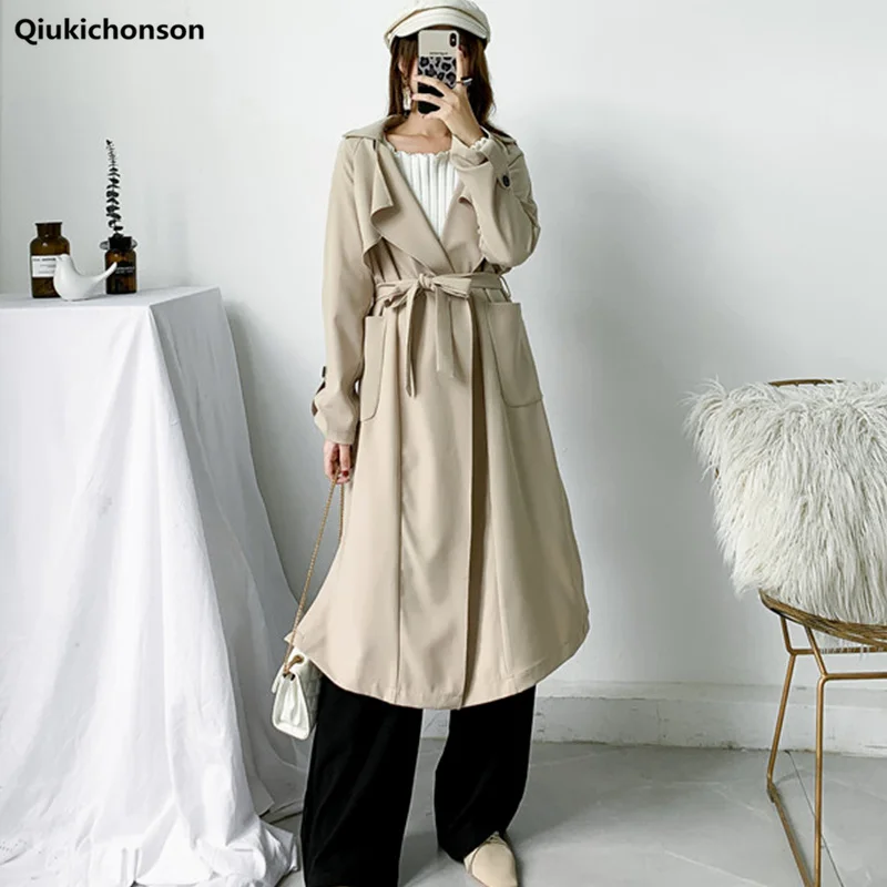 

Autumn winter 2020 Korean Style Women Trench Coat With Sashes Pockets England Style Jag Vintage Long Coats Ladies Overcoats