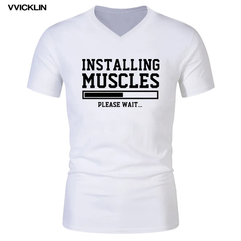 

New Arrival INSTALLING MUSCLES Funny Print Men's T Shirts Cotton Short Sleeve V-neck TShirt Unisex Plus Size Streetwear Tops
