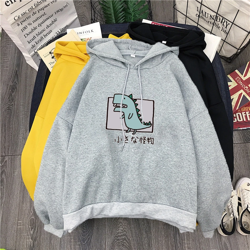 

Women Casual Long Sleeve Loose Hooded Sweatshirt Autumn Winter Fleece Hoody Pullover Top Harajuku Cartoon Dinosaur Print Hoodies