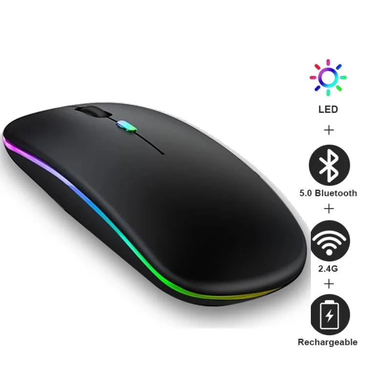 

Беспроводная перезаряжаемая мышь RGB Bluetooth 2,4G, Бесшумная игровая мышь для ноутбука, игровая перезаряжаемая мышь для компьютера со светодиодн...