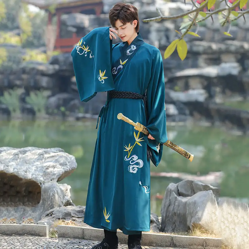 Мужские синие халаты ханьфу с вышивкой одежда в традиционном китайском стиле