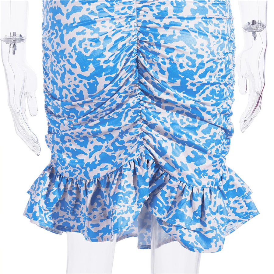 

New Summer Print Dress for Women Hollow Out Bandage Sleeveless Halter Ruffle Mini Dress Woman Blue Sexy Club Dress Vestidos