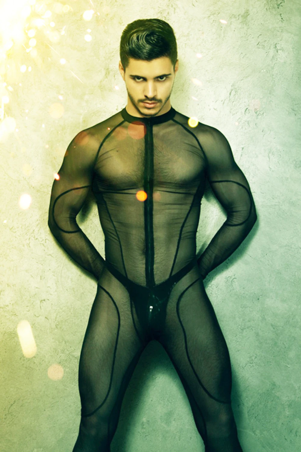 Черный прозрачный сетчатый сексуальный мужской комбинезон с длинным рукавом Zentai