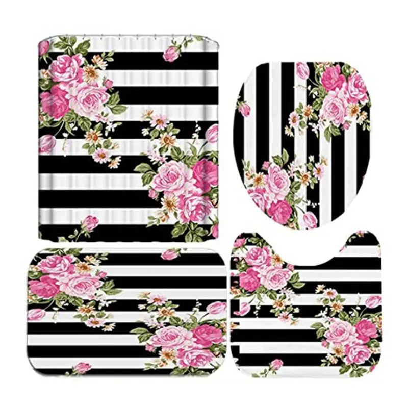 

4PCS/Set Shower Curtain Floor Mat U Shape Mat Toilet Lid Cover Bath Curtain Dropshipping