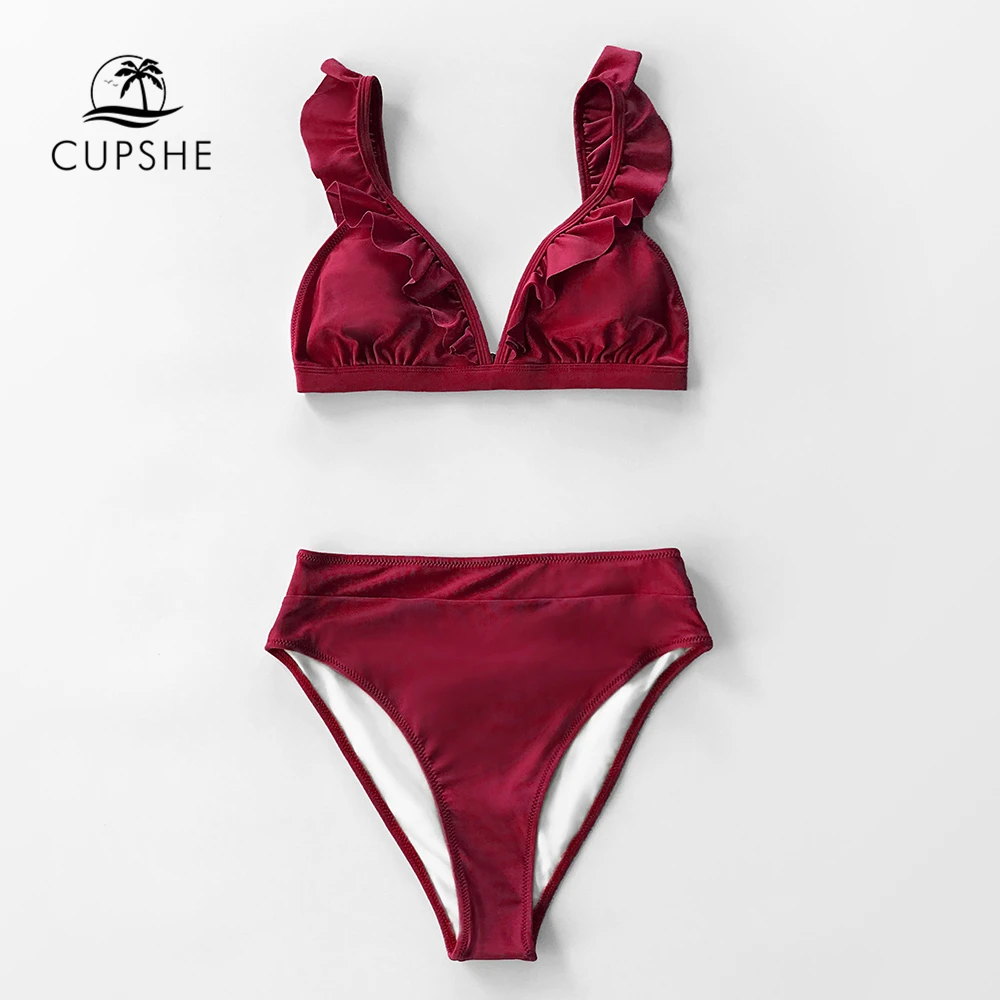 CUPSHE, Одноцветный, красный, зеленый, с оборками, с высокой талией, бикини, наборы, сексуальный купальник, две части, купальник для женщин,, пляжные купальники