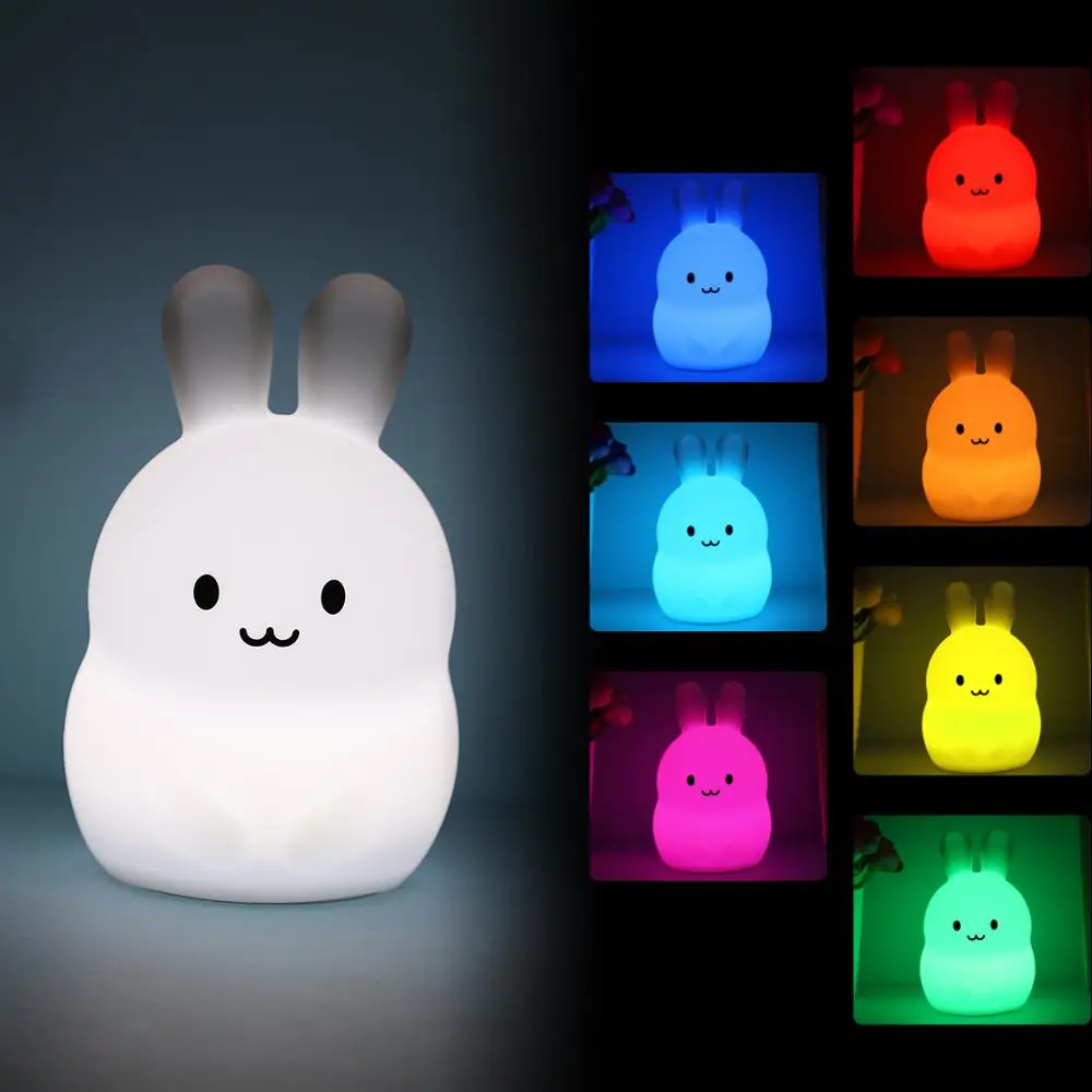 

Mini Rabbit RGB LED Night Light Decoration Nightlight Cute Cartoon Silicone Bunny Bedroom Bedside Lamp for Children Kids Baby