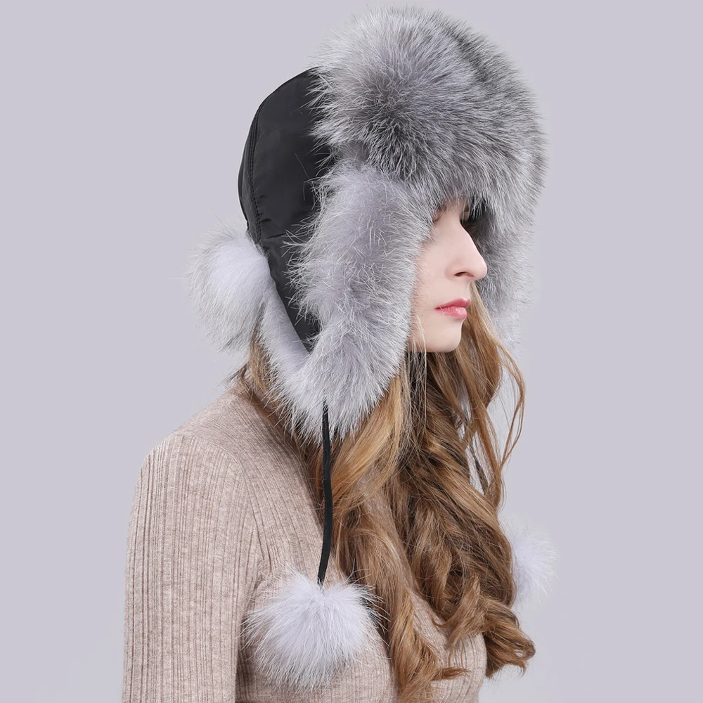Женская уличная шапка ушанка из натурального меха лисы Русская Шапка зимняя