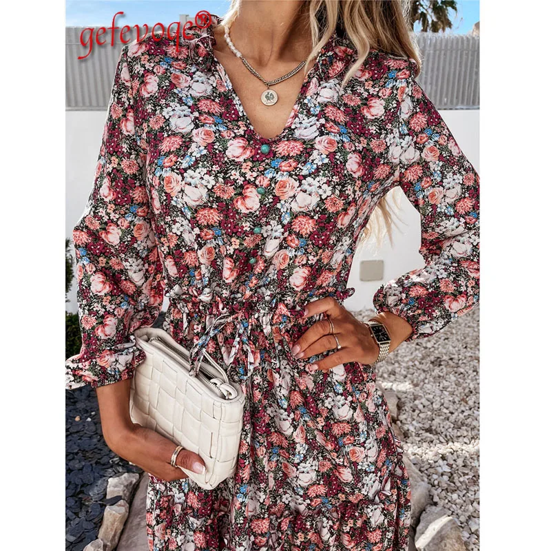 

2021 Spring Fashion Women Dress Floral Print Casual Beach V-Neck Elegant Long Sleeve Shirt Dresses Midi Vestido De Mujer Clothes