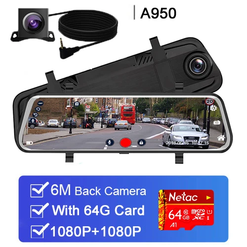 6M rear lens 64G Двойной 1080P 1" поток зеркало заднего вида автомобиля DVR 2.5D экран супер ночного видения Dash Cam камера видео рекордер Авто Регистратор - Название цвета: 6M rear lens 64G