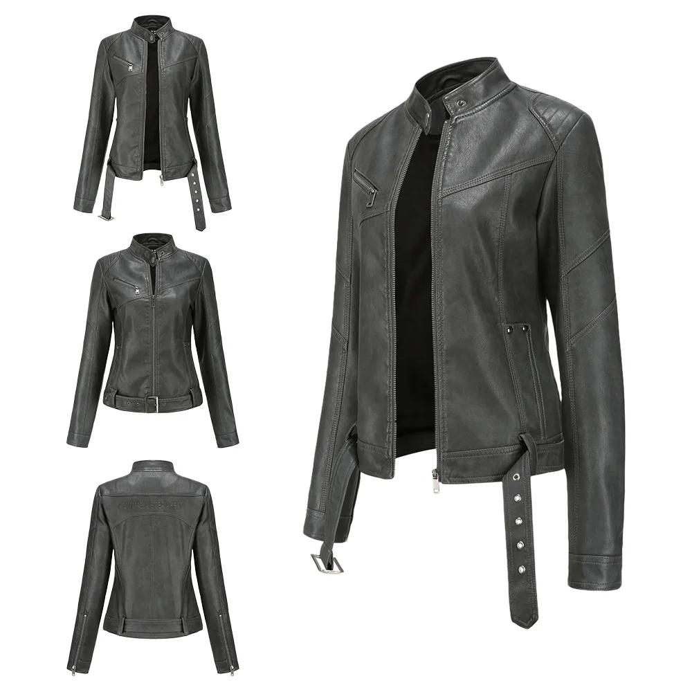 2021 new European Jacket Women's short belt women's Leather Jacket Large slim leather jacket stand collar thin style