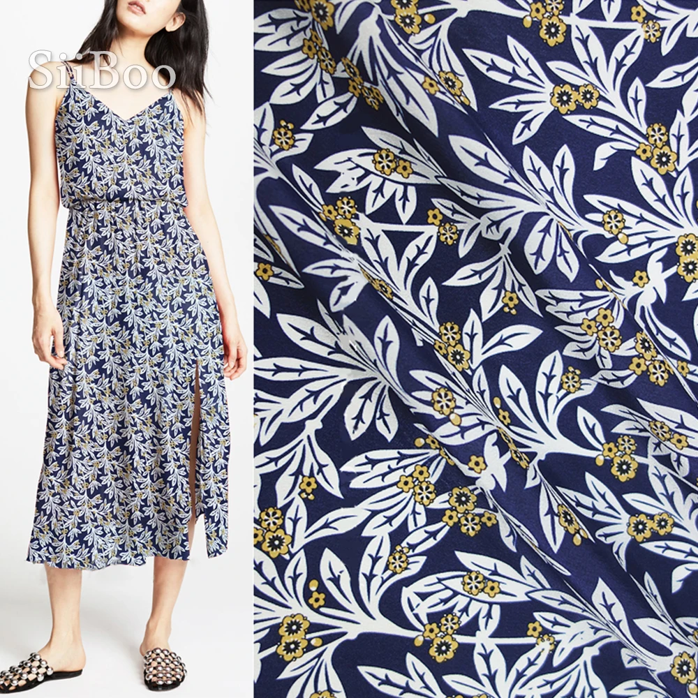 Итальянская винтажная темно-синяя шелковая ткань с цветочным принтом 12 мм