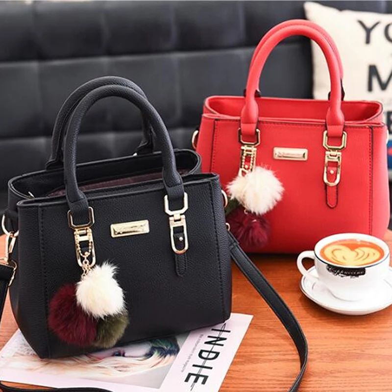

Women Beading Pendant Handbag Ladies Embossed Shoulder Bag PU Leather Ladies Messenger Bag Hairball Women Bags bolsa feminina