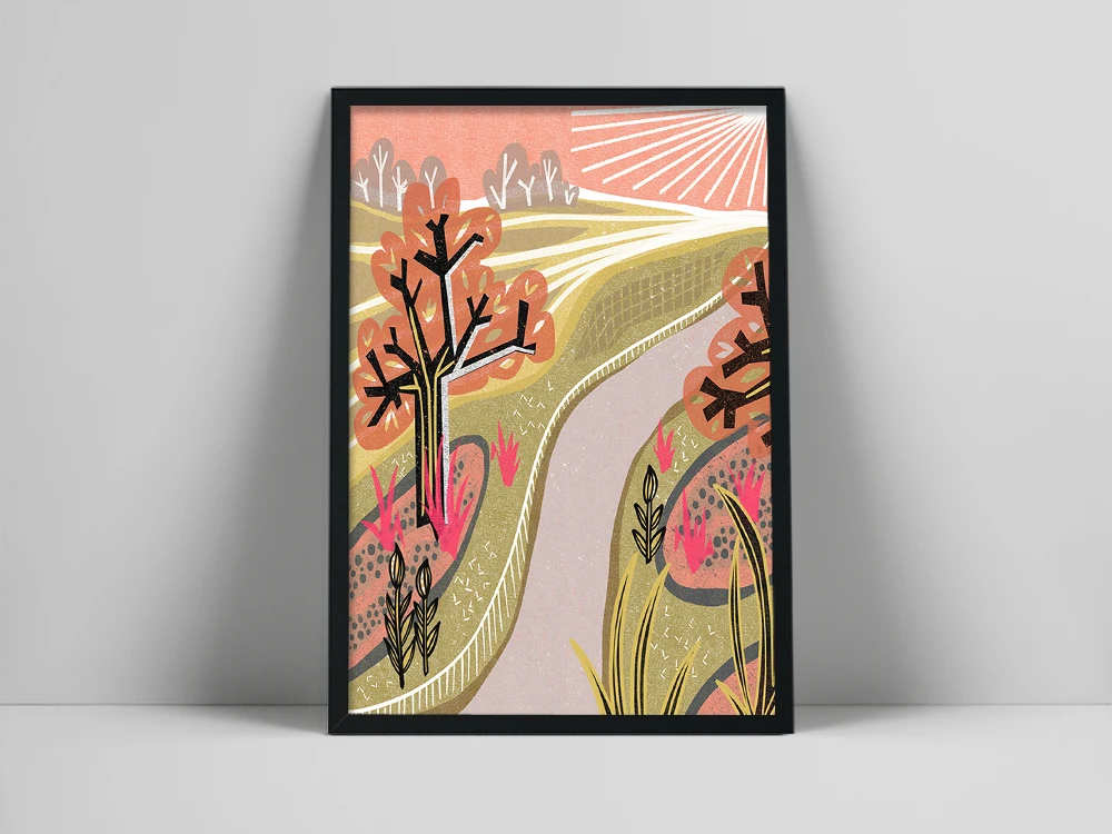 

Mid Century Modern Wall Art, Pink Garden Wall Art, Scandinavian Modern Landscape Art Print, Nature Print, 60s Art
