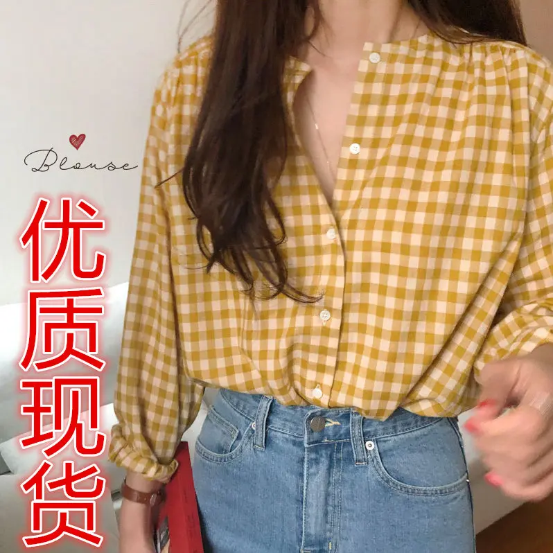 Блузка женская в шотландскую клетку Повседневная Свободная рубашка из хлопка и