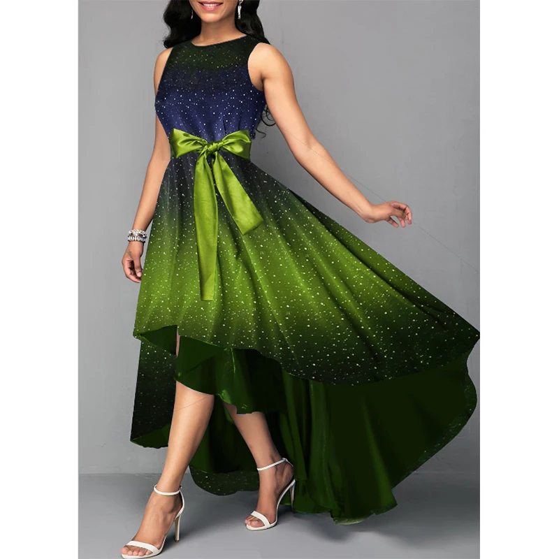 Летнее модное женское платье без рукавов с градиентом блестками и асимметричной