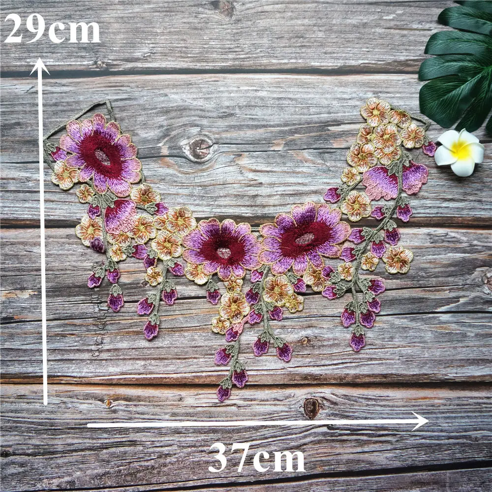 Pink Purple Flower Tassel Collar Embroidered Wedding Gown Appliques Lace Fabric Mesh Sew On Patches For Decoration Dress DIY | Дом и сад