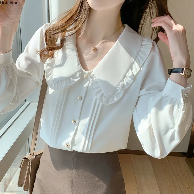 

Summer New Women's Blouses Polo Shirt Long Sleeve Tops Solid Color Blouse Folds Chiffon Casual Fashion Loose
