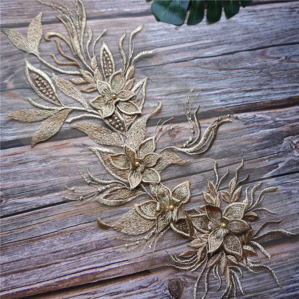 3D Цветочная кисточка золотого и коричневого цвета кружевная ткань аппликации