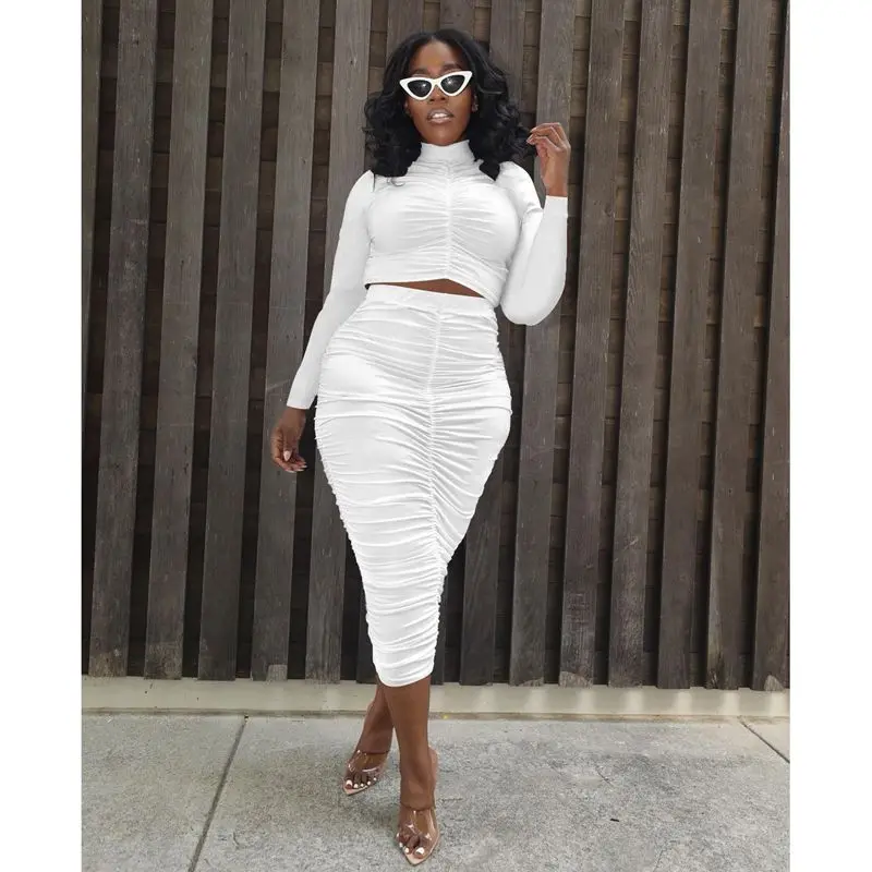 

Trendy Ruched Two Piece Birthday Outfits for Women Clothes Long Sleeve Crop Top and Midi Skirt Streetwear Matching Sets