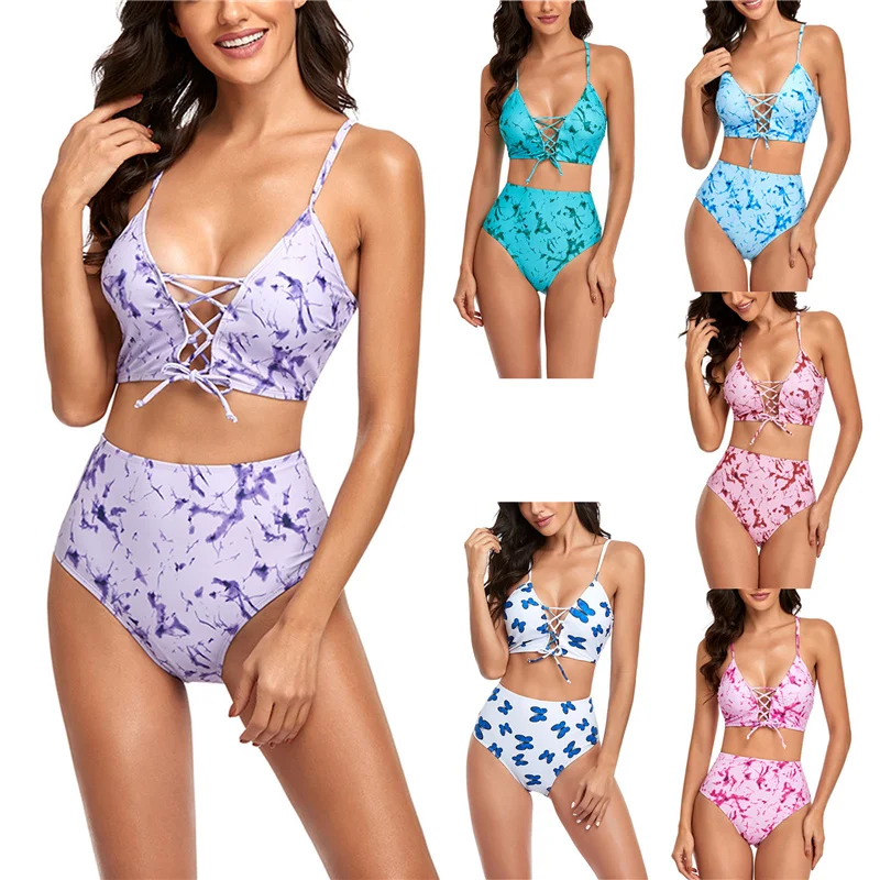 

Новинка 2021, Женский комплект одежды для плавания из двух предметов, топы бикини с завязками и принтом бабочек + шорты, купальник, бикини