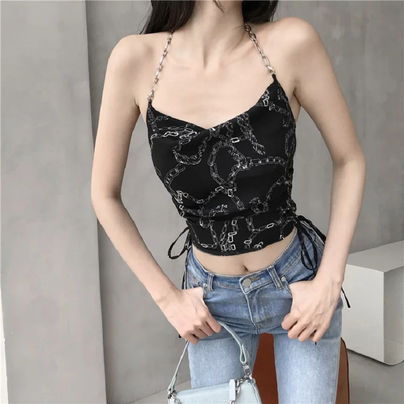 

Кроп-топ Y2k женский с цепочкой, шикарный модный крутой топ на завязках в стиле панк-рок для девушек, пикантная уличная одежда на лето