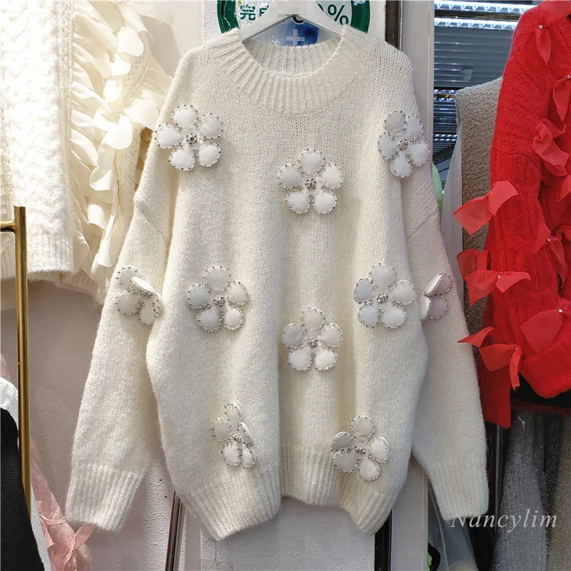 

2021 Autumn and Winter Knitted Sweater Loose Flower Beads Rhinestones Round-Neck Long-Sleeved Pullover Teen Knitwear Streetwear