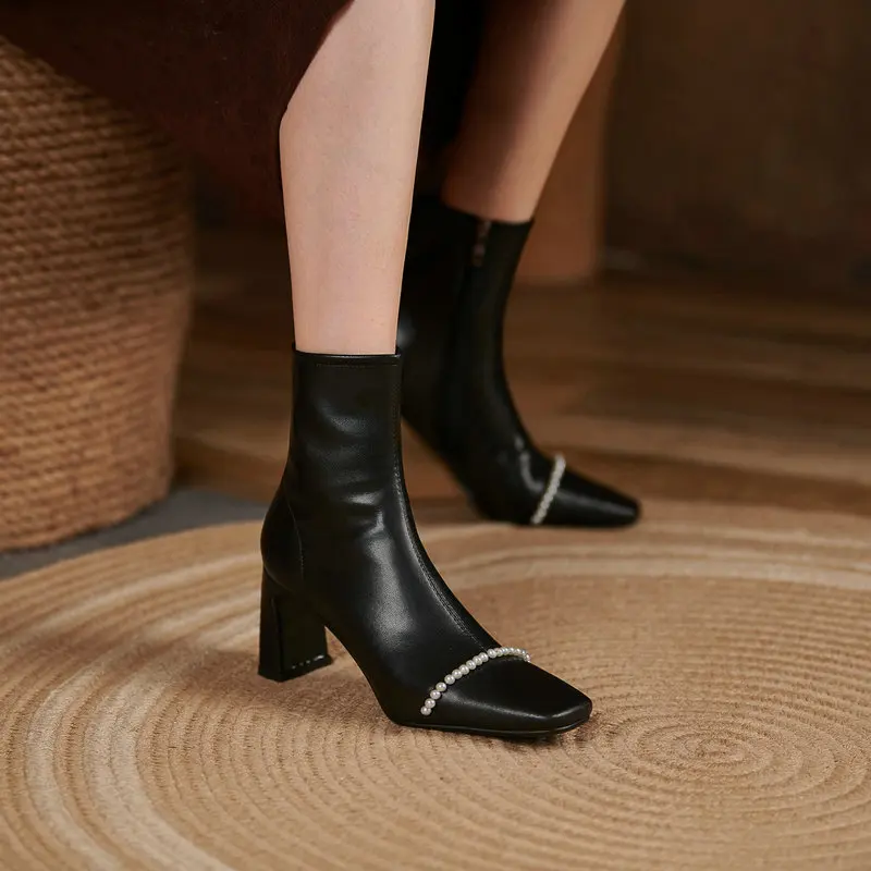 

Женские ботильоны из натуральной кожи, с жемчугом и молнией сбоку, свадебные ботинки, женская обувь с кристаллами