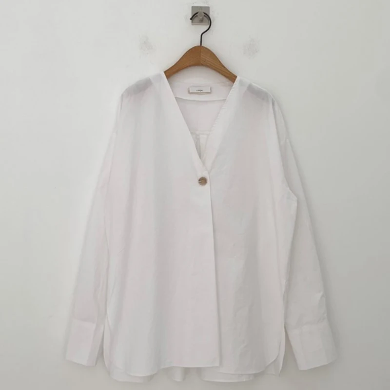 

BornSraMinimalist V-neck Loose One Button Women Tops Blouses Side Split Casual Female White Shirts Blusas Mujer 2020 Spring