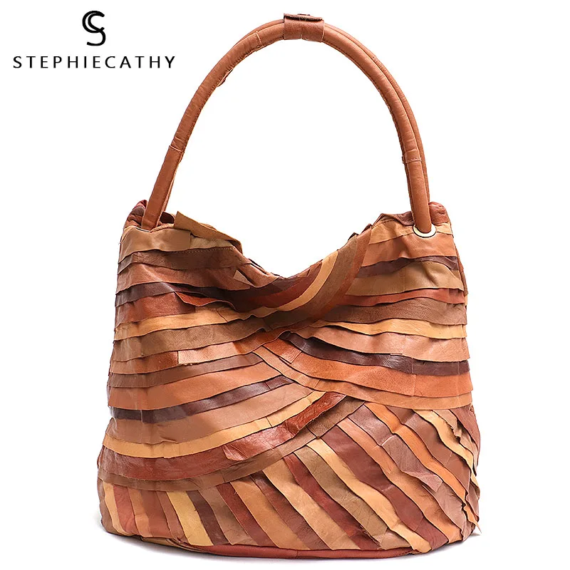SC винтажный кожаный Хобо для женщин полосатые овечья кожа пэчворк сумки на плечо