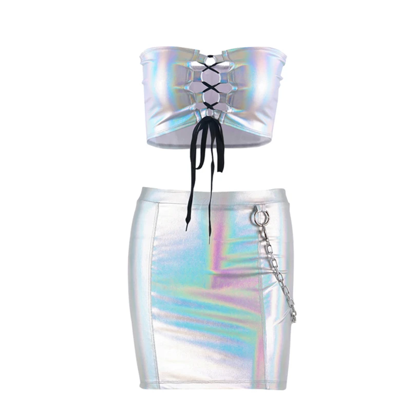 Блестящий голографический Женский комплект из двух предметов Топ без бретелек