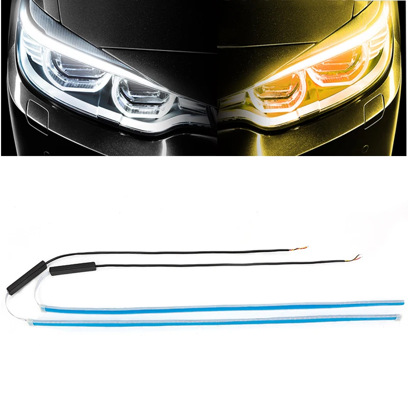 White to Yellow 1 шт. ультратонкие автомобильные DRL 30 45 60 см светодиодный дневные ходовые огни Светодиодный белый указатель поворота желтая направляющая лента для сборки фар - Цвет: White to Yellow