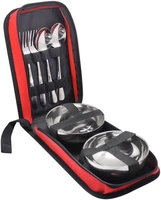 6pcs portable stainless steel tableware and cutlery bag with spoon fork bowl for 2 people travel outdoors hiking camping picnic