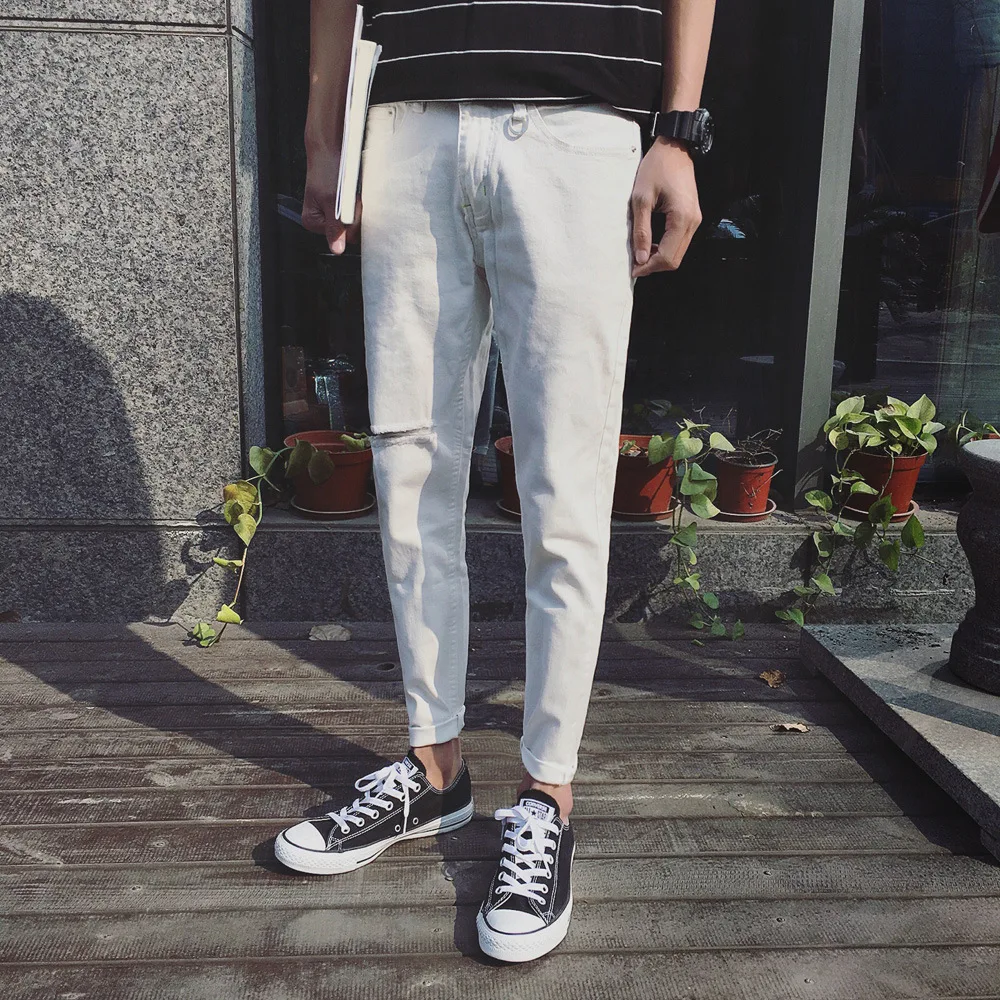 Джинсы мужские тонкие рваные в стиле хип-хоп модные брюки Slim Fit повседневные