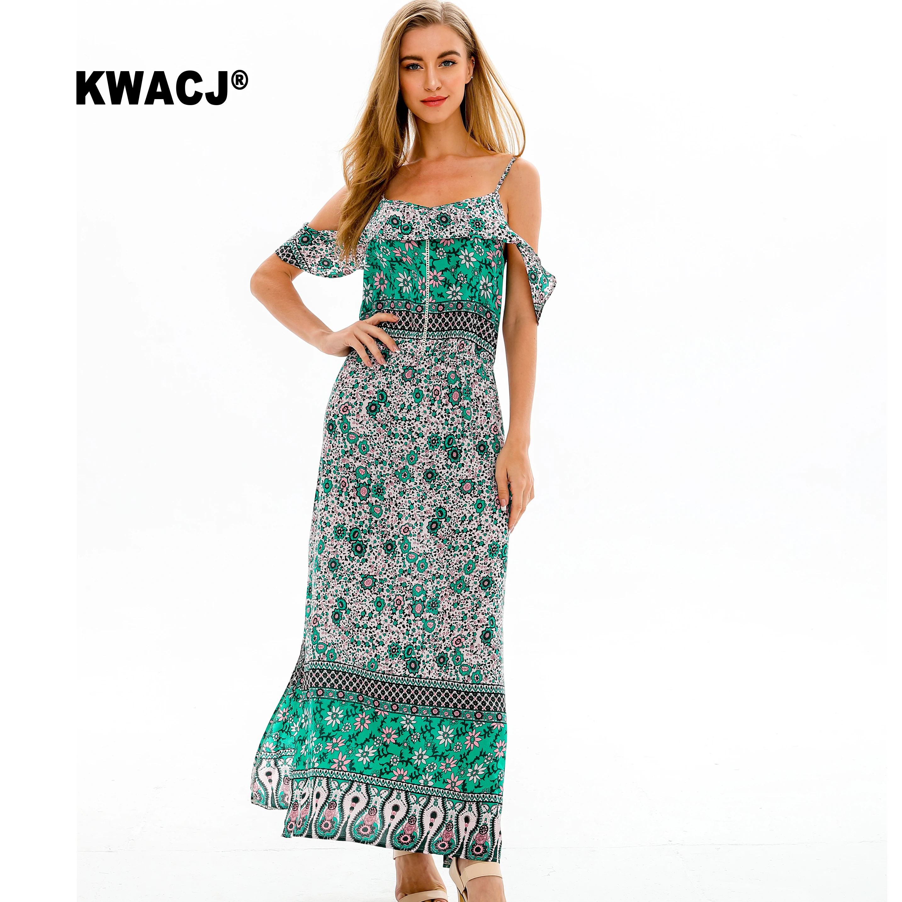 KWACJ зеленое Цветочное платье с открытыми плечами Boho ЖЕНСКИЕ НАРЯДНЫЕ ремни