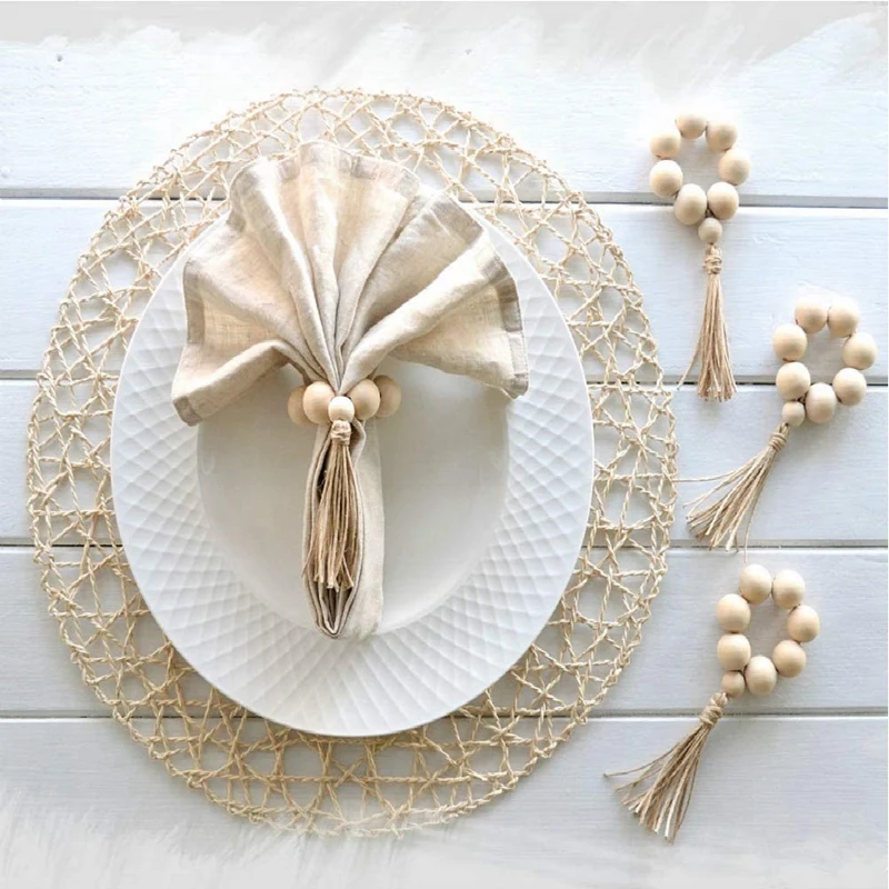 

Set Of 6 Beaded Wood Napkin Rings with Table Setting Wedding Party DéCor Accessories Napkin Holder Natural Style