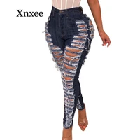 blue sexy ripped jeans women long pants casual hole high waist denim trouser femme hollow out skinny pencil pants africa style