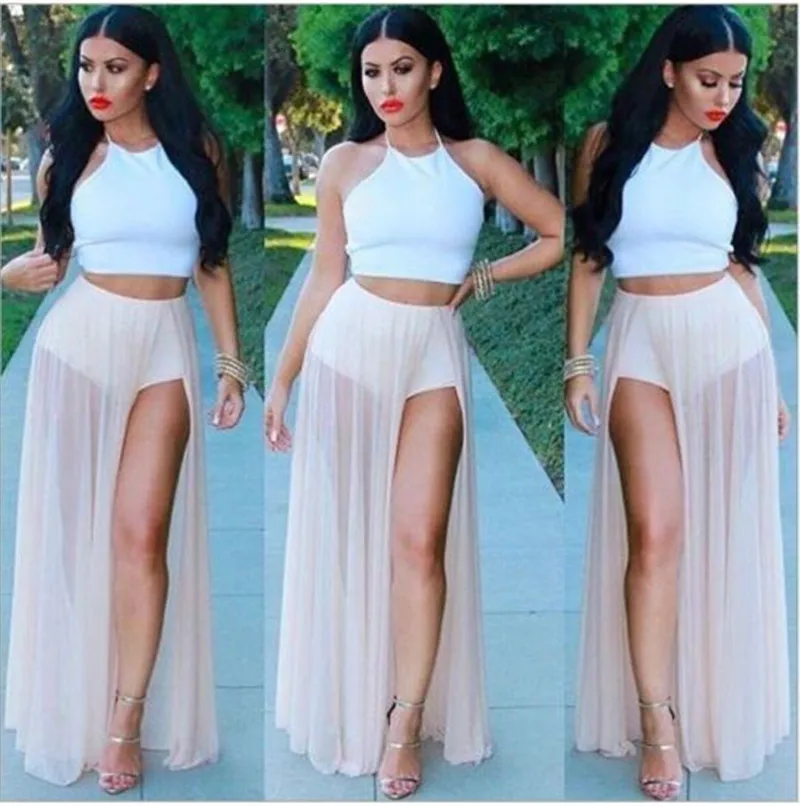 

Women High Waist Mesh Skirts Empire See Through Sheer Side Split Skirt Solid Transparent Chiffon Maxi Long Skirt Summer 2021